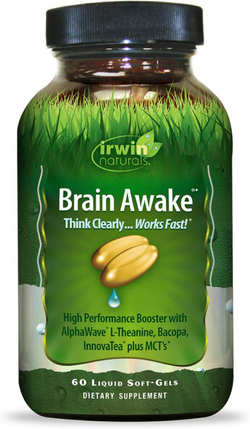 Irwin Naturals Brain Awake Enhanced Mental Performance, Increased Focus, Boost Clarity & Concentration - Powerful Nootropic Booster with L-Theanine, Bacopa, MCT's & InnovaTea - 60 Liquid Softgels