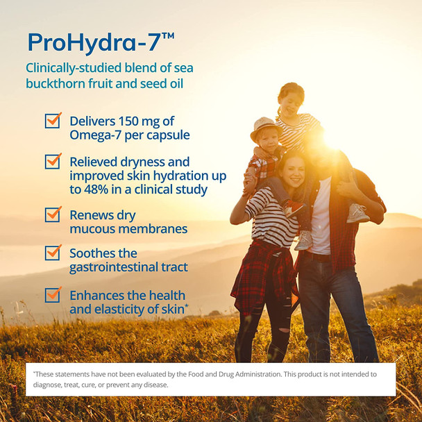 EuroMedica ProHydra-7 - 60 Softgels - Clinically-Studied Sea Buckthorn Oil Formula - Omega-7 Supplement with Essential Fatty Acids - Improve Skin Hydration, Soothe Gastrointestinal Tract - 60 Servings