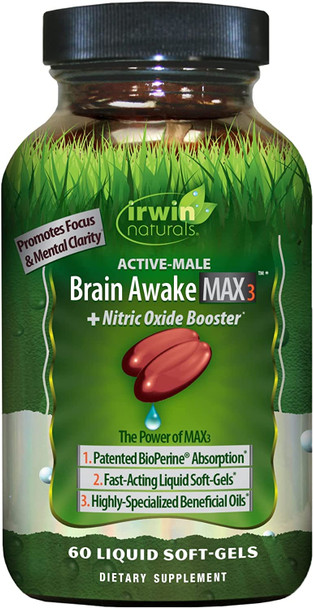 IRWIN NATURALS Brain Awake Max3 + Nitric Oxide Booster 60 Count