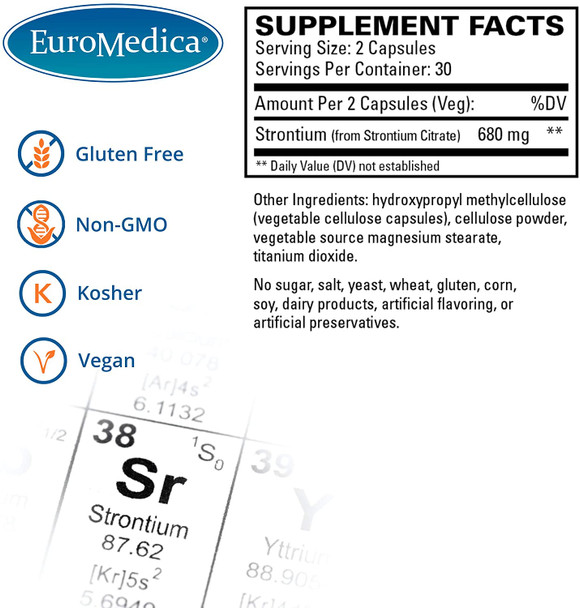 Euromedica Strontium - 60 Capsules - Key Mineral For Bone Health - Supports Bone Formation, Strength & Density - Non-Gmo, Vegan, Kosher - 30 Servings