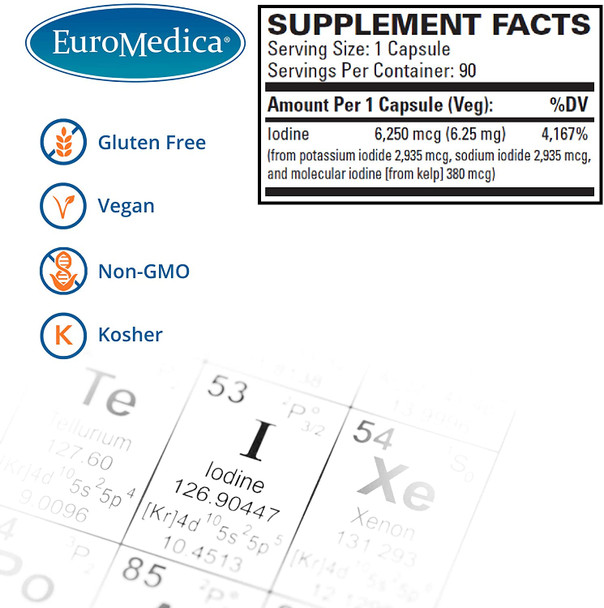 Euromedica Tri-Iodine, 6.25Mg, 90 Capsules - Potassium Iodide, Sodium Iodide & Molecular Iodine - Three Beneficial Forms Of Iodine - Supports Healthy Thyroid & Immune Function - 90 Servings