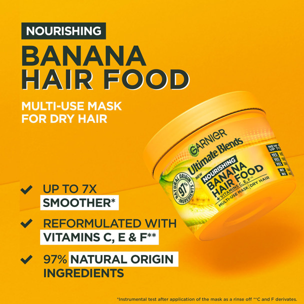 Garnier Ultimate Blends Hair Food Banana 3-In-1 Nourishing Hair Mask Conditioning Treatment Leave-In Conditioner For Dry Hair Vegan Formula 98% Natural Ingredients No Silicones 390 Ml