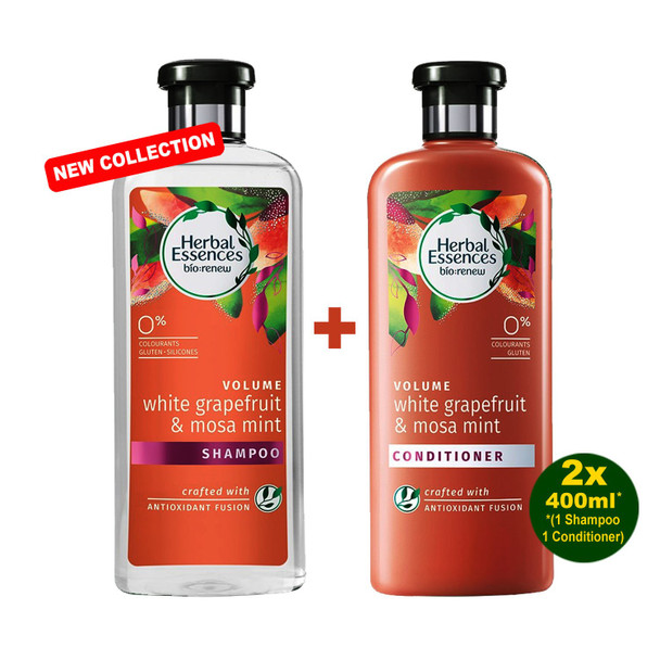 HERBAL ESSENCES Bio-Renew Volume White Grapefruit & Mosa Mint Shampoo & Conditioner, 2 x 400 ml, With Grapefruit & Mosa Mint