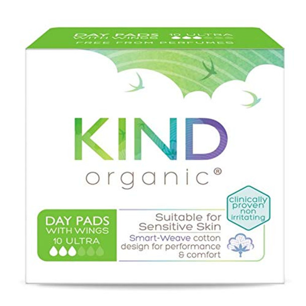 Kind Organic Ultra Day Pads with Wings - (10 Per Pack) Cotton Sanitary Pads Made with Certified Organic Cotton