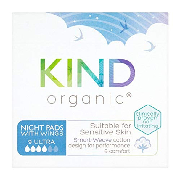 Kind Organic Ultra Night Pads with Wings - (9 Per Pack) Cotton Sanitary pad Made with Certified Organic Cotton