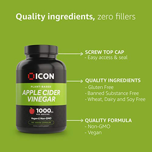 ICON Nutrition Apple Cider Vinegar Capsules - 1000mg Per Serving 90 Day Supply - 180 Count