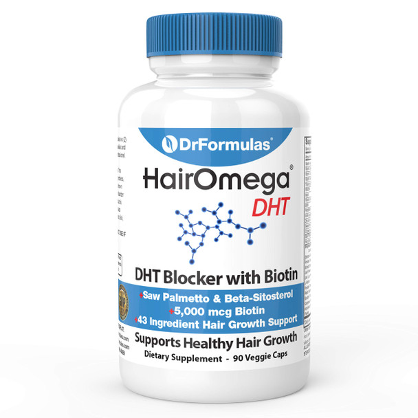 DrFormulas DHT Blocker for Men and Women | HairOmega Advanced Hair Growth Supplements with Biotin 5000 mcg | Hair Loss Vitamins Pills, 45 Day Supply