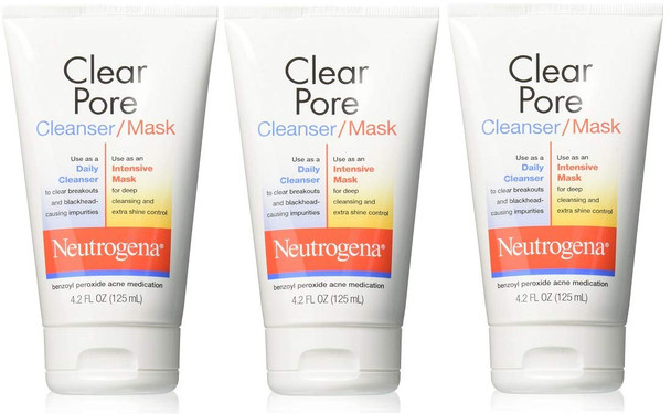 Neutrogena Clear Pore Facial Cleanser / Face Mask containing Kaolin & Bentonite Clay, Acne Treatment with Benzoyl Peroxide, 4.2 fl. oz (Pack of 3)
