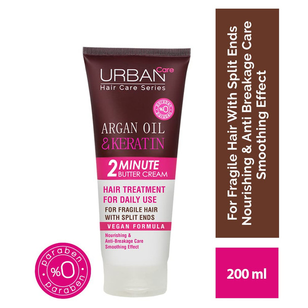 Urban Care Argan Oil & Keratin Repairs Damaged Hair 2 Minute Butter Cream, 200ml Duo