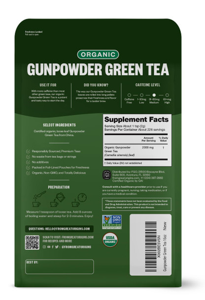 FGO Organic Gunpowder Green Loose Leaf Tea, Resealable Kraft Bag, 16oz