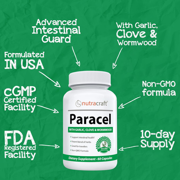 Nutracraft Paracel Intestinal Guard | Intestinal Cleanse for Humans | Wormwood, Black Walnut, Clove, PAU D’Arco, Echinacea, Goldenseal | 60 Non-GMO Capsules