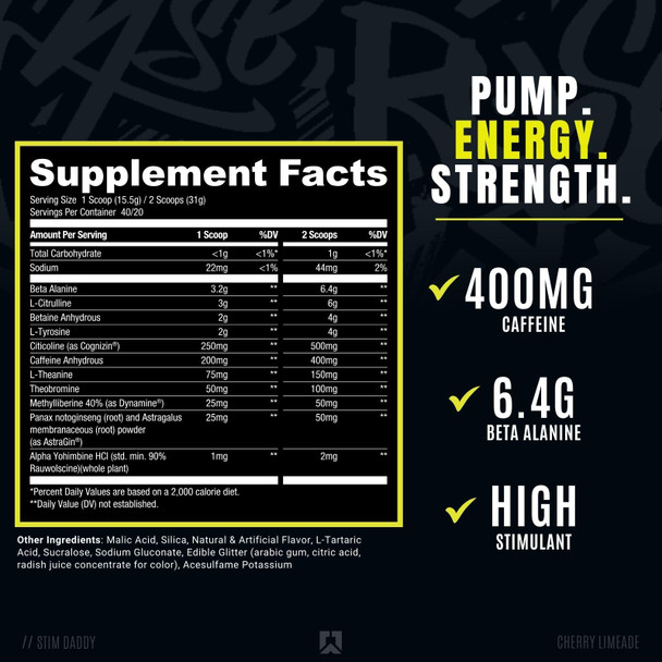 Ryse Signature Series Stim Daddy | Official Noel Deyzel High Stimulant Pre Workout | 21+ Grams Actives | 400mg Caffeine | 40 Servings (Cherry Limeade)