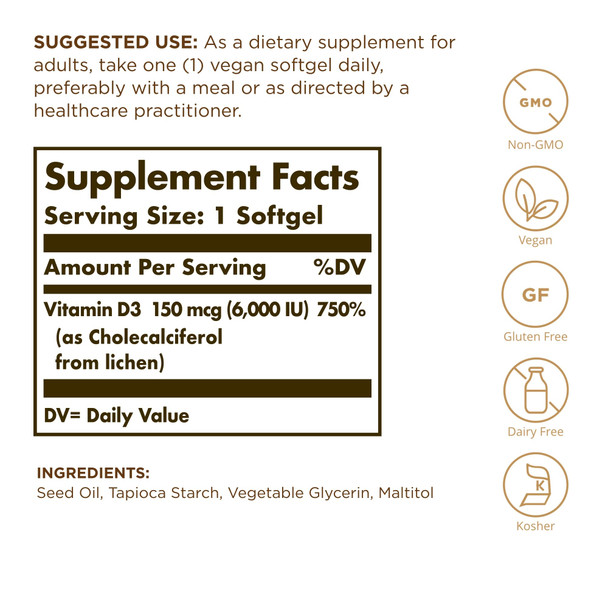 SOLGAR Vegan Vitamin D3 150 mcg (6,000 IU) - 50 Softgels