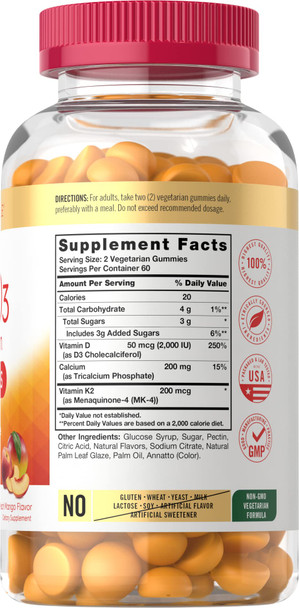 Vitamin D3 K2 Gummies | 120 Count | With Calcium | Vegetarian, Non-Gmo, And Gluten Free Vitamin Supplement | By Carlyle