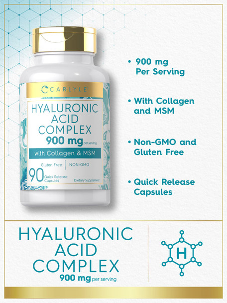 Carlyle Hyaluronic Acid With Collagen 900Mg | 90 Capsules | With Msm | Hydrolyzed Collagen Complex | Non-Gmo, Gluten Free Supplem