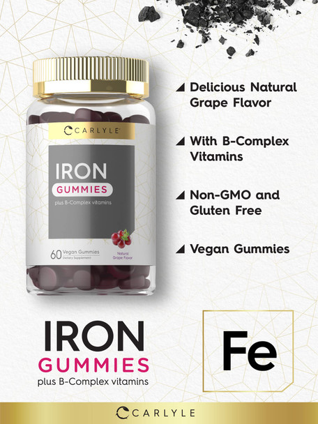 Carlyle Iron Gummies | Plus B-Complex Vitamins | 60 Vegan Gummies | Natural Grape Flavor | Non-Gmo, Gluten Free Supplement