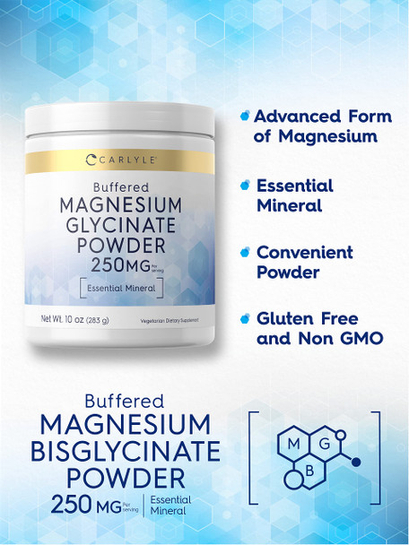 Magnesium Glycinate Powder | 10 Oz (283 G) | 250 Mg | Vegetarian Essential Mineral | Non-Gmo, Gluten Free | By Carlyle