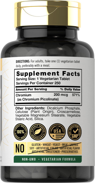 Chromium Picolinate 200Mcg | 250 Tablets | Vegetarian, Non-Gmo, Gluten Free Supplement | By Carlyle