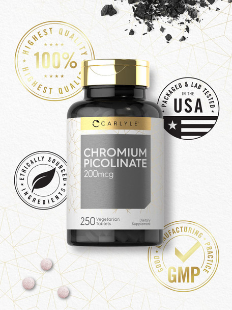 Chromium Picolinate 200Mcg | 250 Tablets | Vegetarian, Non-Gmo, Gluten Free Supplement | By Carlyle