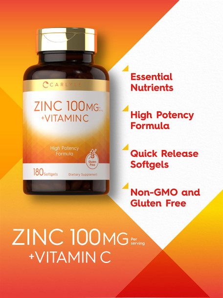 Carlyle Zinc 100Mg With Vitamin C | 180 Softgels | Non-Gmo, Gluten Free Supplement