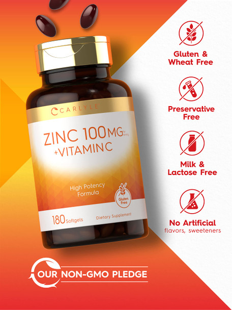 Carlyle Zinc 100Mg With Vitamin C | 180 Softgels | Non-Gmo, Gluten Free Supplement