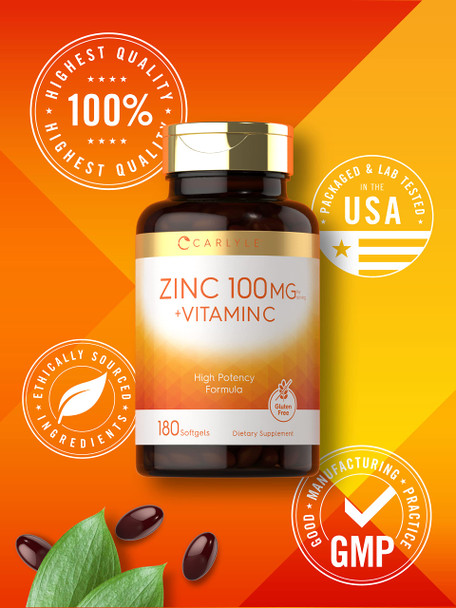 Carlyle Zinc 100Mg With Vitamin C | 180 Softgels | Non-Gmo, Gluten Free Supplement