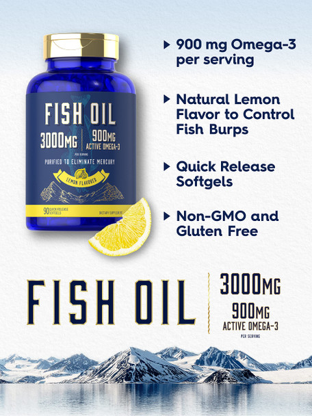 Fish Oil 3000Mg | 900Mg Omega 3 | 90 Softgels | Lemon Flavor | Non-Gmo And Gluten Free Supplement