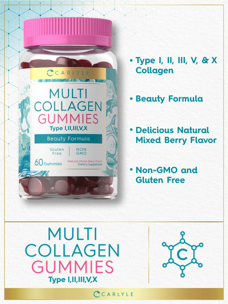 Carlyle Collagen Gummies | 60 Count | Multi Collagen Complex | Beauty Formula Supplement | Mixed Berry Flavor | Non-Gmo, Gluten