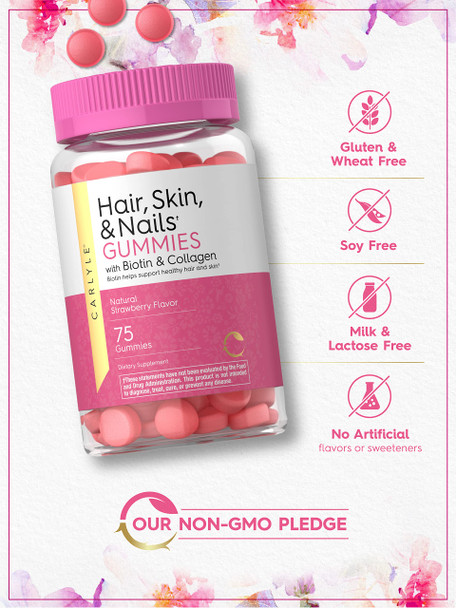 Carlyle Hair Skin And Nails Vitamins | 75 Gummies | With Biotin And Collagen | Gummy Supplement For Women | Strawberry Flavor