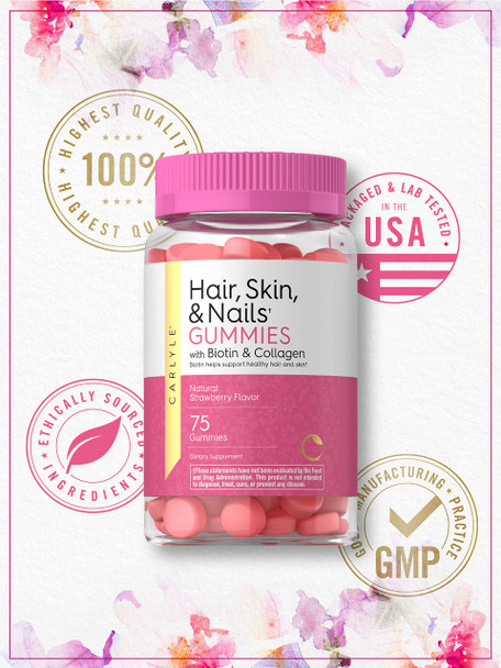 Carlyle Hair Skin And Nails Vitamins | 75 Gummies | With Biotin And Collagen | Gummy Supplement For Women | Strawberry Flavor