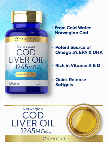 Carlyle Norwegian Cod Liver Oil With Epa & Dha | 1245Mg | 150 Softgels | Liquid Capsules | Non-Gmo & Gluten Free Supplement