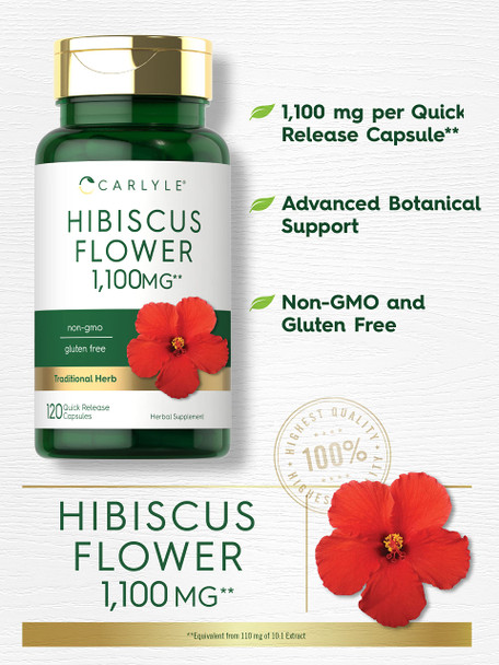 Hibiscus Flower Extract 1100 Mg | 120 Capsules | Non-Gmo, Gluten Free Supplement | By Carlyle