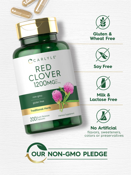 Carlyle Red Clover Capsules 1200Mg | 200 Count | Trifolium Pratense | Non-Gmo, Gluten Free | Red Clover Blossom Extract Supplemen