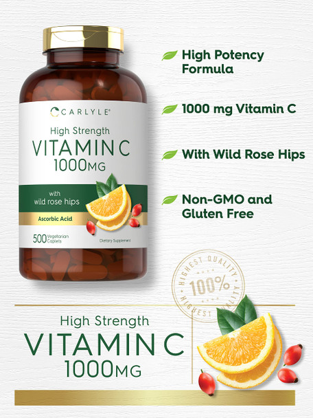 Carlyle Vitamin C 1000Mg | 500 Vegetarian Caplets | Ascorbic Acid With Wild Rose Hips | High Strength Formula | Non-Gmo And Glute