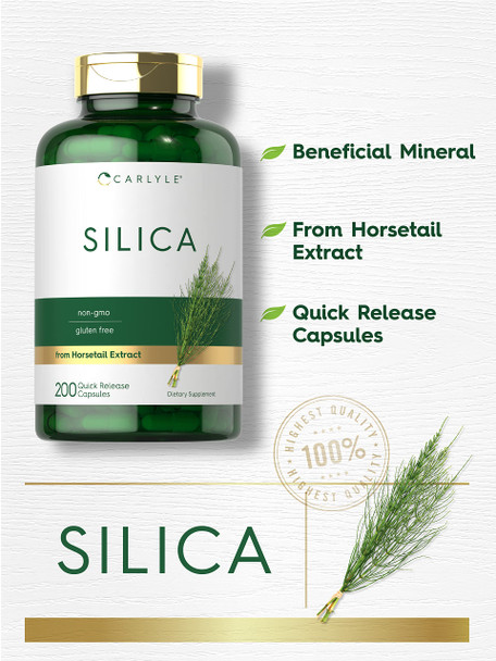 Silica Supplement Capsules | 200 Count | From Horsetail Extract | Non-Gmo & Gluten Free | By Carlyle