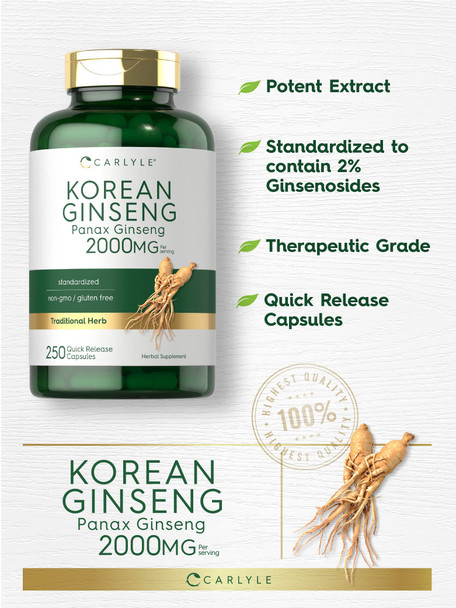 Carlyle Korean Ginseng Extract Capsules 2000 Mg | 250 Capsules | Non-Gmo And Gluten Free Formula | Standardized Panax Ginseng