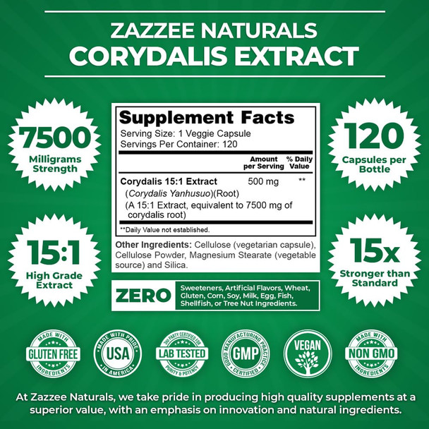 Zazzee Extra Strength Corydalis 15:1 Extract, 7500 Mg Strength, 120 Vegan Capsules, Concentrated And Standardized 15X Extract, 10