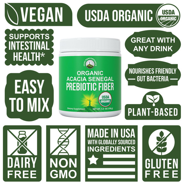 Organic Acacia Senegal Prebiotic Fiber Powder. Usda Organic Plant Based Vegan Prebiotics Supplement For Gut Health. With Digestiv