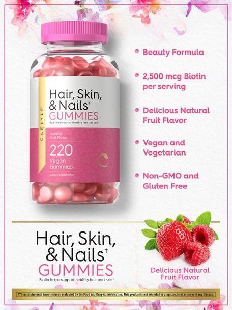 Hair, Skin And Nails Gummies | 220 Count | Fruit Flavor Gummy Vitamins | With Biotin | Non-Gmo, Gluten Free | By Carlyle