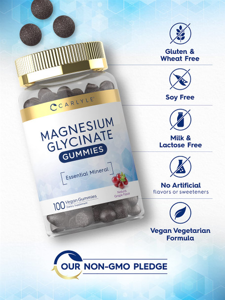 Magnesium Glycinate Gummies | 100 Count | Vegan, Non-Gmo, Gluten Free Supplement | By Carlyle