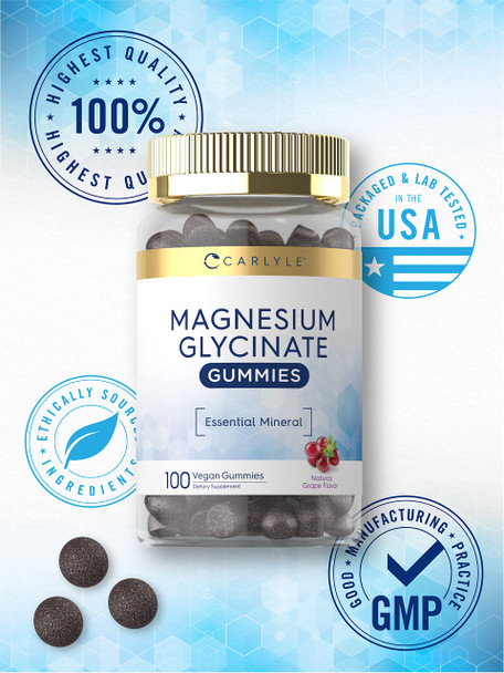 Magnesium Glycinate Gummies | 100 Count | Vegan, Non-Gmo, Gluten Free Supplement | By Carlyle