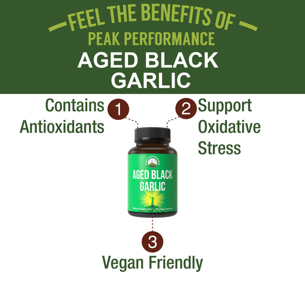 Peak Performance Aged Black Garlic Capsules. Raw Vegan Pure Odorless Extract Supplement Pills For Cholesterol, And Immune Support