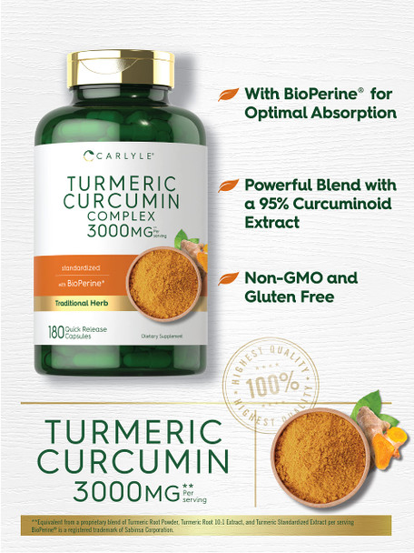 Carlyle Turmeric Curcumin With Black Pepper | 3000Mg 180 Capsules | Curcuminoids And Bioperine Supplement | Non-Gmo, Gluten Free