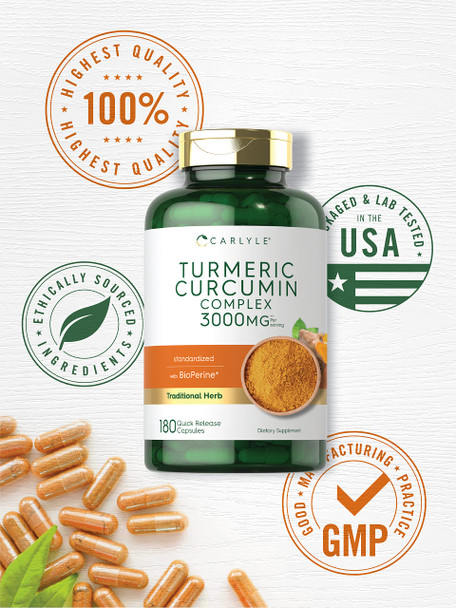 Carlyle Turmeric Curcumin With Black Pepper | 3000Mg 180 Capsules | Curcuminoids And Bioperine Supplement | Non-Gmo, Gluten Free