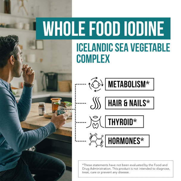 Organic Iodine Supplement – 1,500 Mcg Iodine, Max Strength - From Sea Vegetable Complex, Whole Food & Raw Form – Contains Purest