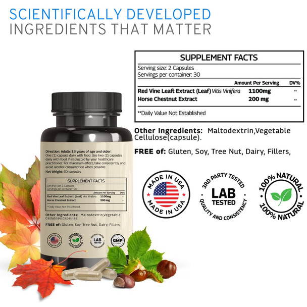 Vinatura Red Vine Leaf Extract - Horse Chestnut, 1300Mg/Serving *Usa Made And Tested* Circulation And Vein Support For Healthy