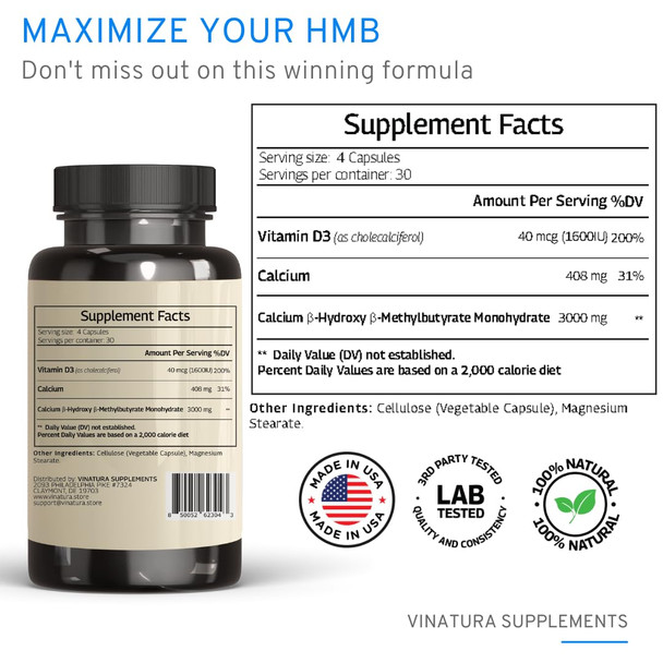 Vinatura Hmb 3000Mg And Vitamin D3 Supplement Capsules Per Serving *Usa Made & Tested* Promotes Muscle Growth & Recovery - Hmb