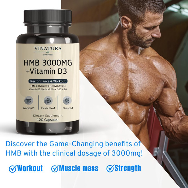 Vinatura Hmb 3000Mg And Vitamin D3 Supplement Capsules Per Serving *Usa Made & Tested* Promotes Muscle Growth & Recovery - Hmb