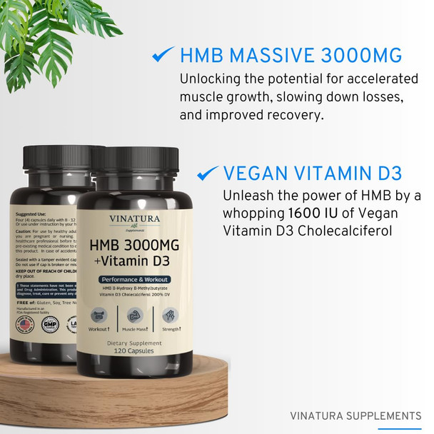 Vinatura Hmb 3000Mg And Vitamin D3 Supplement Capsules Per Serving *Usa Made & Tested* Promotes Muscle Growth & Recovery - Hmb
