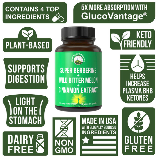 Ultra High Strength 4-In-1 Super Berberine Patented Glucovantage® + Wild Bitter Melon + Cinnamon Extract + Chromium Picolinate